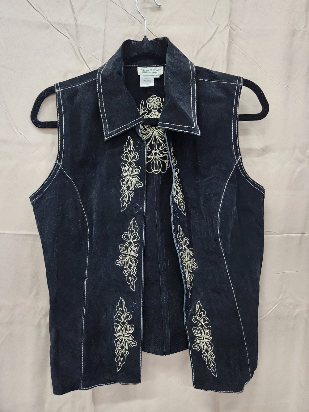 Coldwater Creek Black Leather Suede Vest with Cream Floral Embroidery Sz S